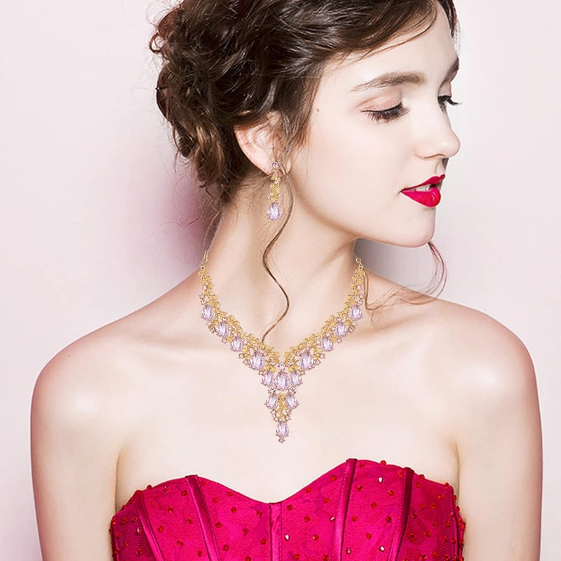 CSY Elegant Crystal Costume Jewelry Sets Flower Bridal Necklace Earrings Stretch Bangle Set for Bride Bridesmaid Wedding Dress Accessories - Image 2